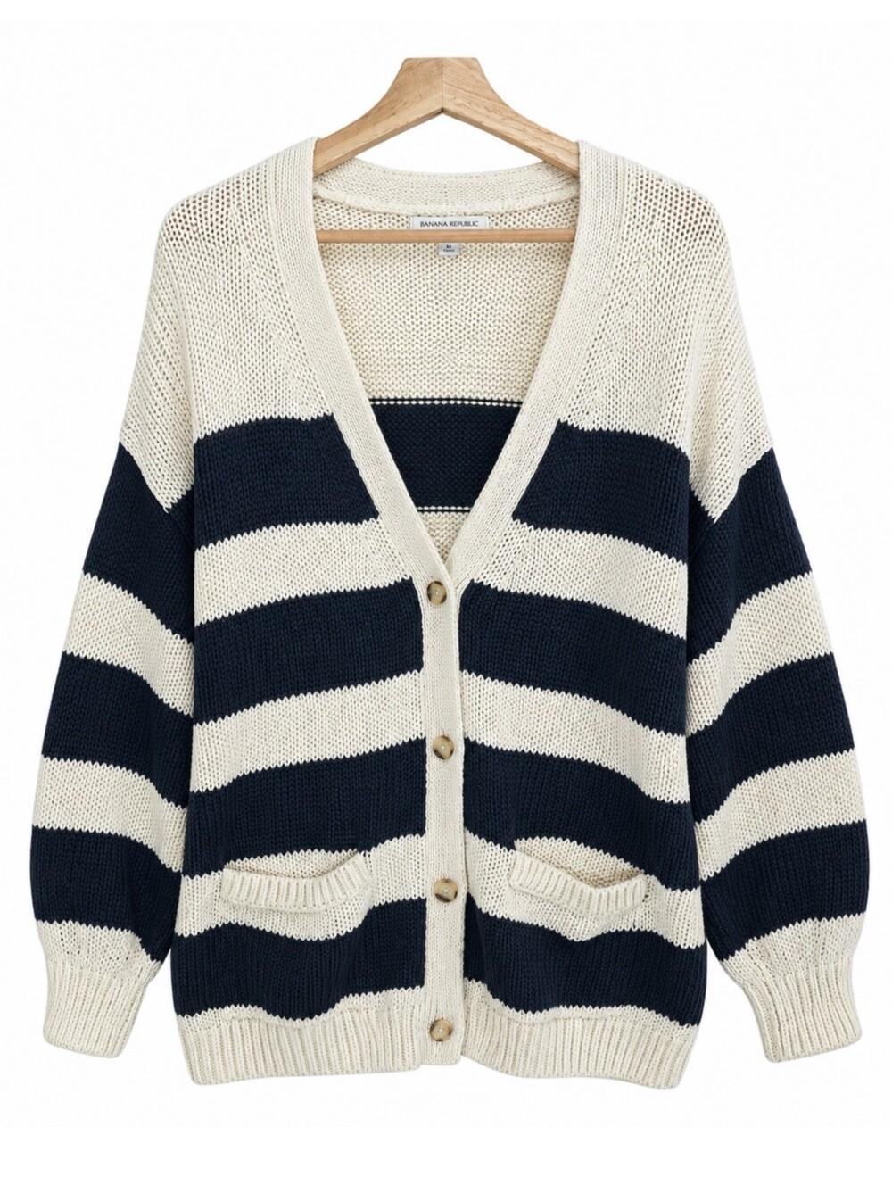 Banana Republic Chunky Knit Striped Cardigan Cream Navy Coastal Minimalist M